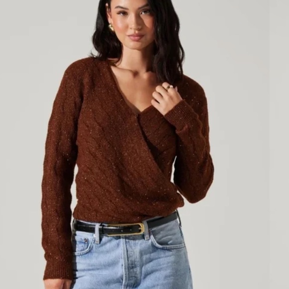 Astr Sweaters - ASTR The Label Surplice Sequin Wrap Long Sleeve Knit Sweater in Copper Size XS